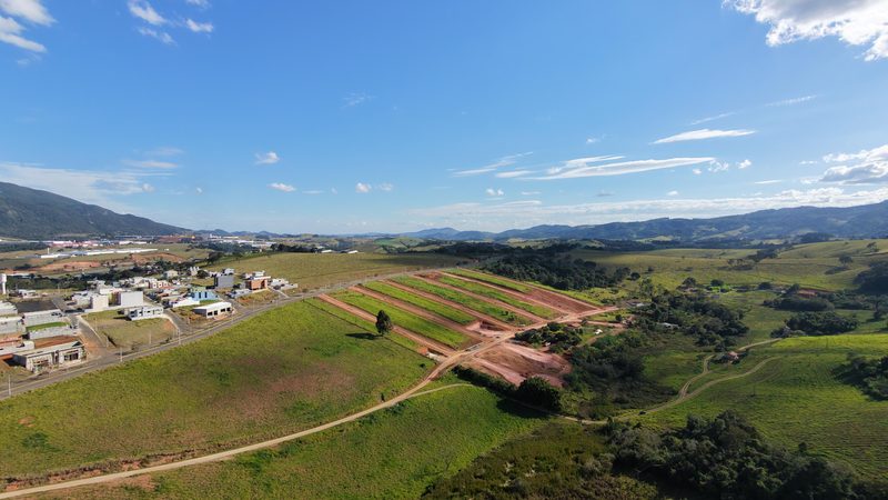Quadras do loteamento vistas do alto, cercadas por vegetação